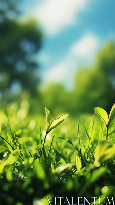 Emerging green sprout in luminous sunlit meadow closeup.