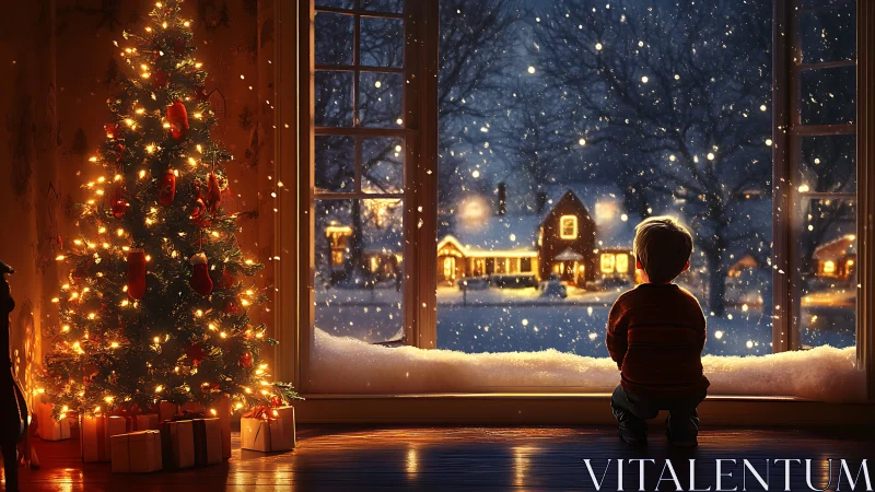 Softly lit Christmas wonder and a child’s snowy window gaze.