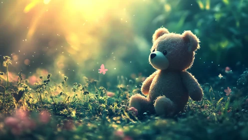 Teddy bear glows in dreamy meadow light at golden sunset
