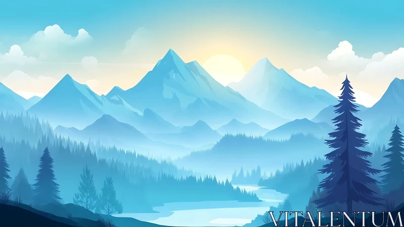 Digital painting of layered alpine valley at sunrise in cool hues.
