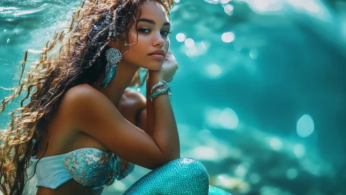 Serene mermaid rests beneath sunlit turquoise waves