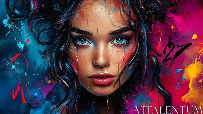 Hyper-detailed female portrait merges realism with neon pigment drips