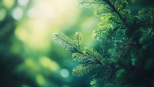 Close-up of Pine Branches in Sunlight, Soft Focus Nature Photography.