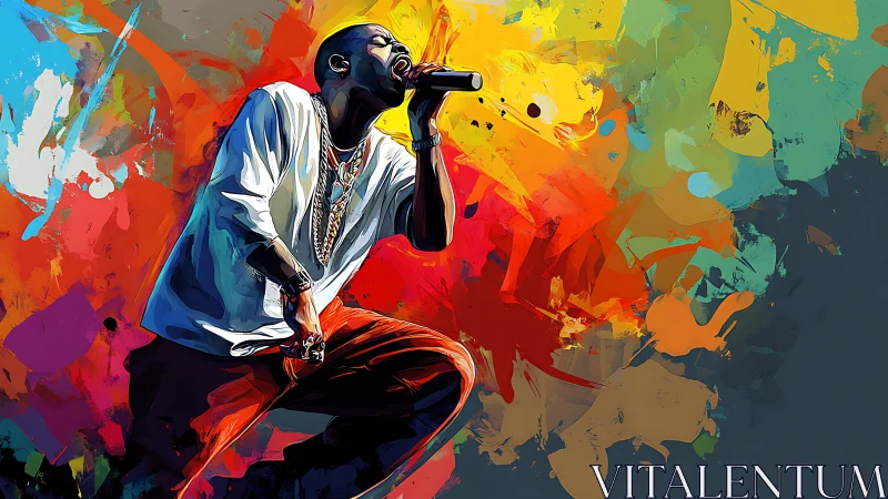 Digital portrait of singer with colorful abstract backdrop.