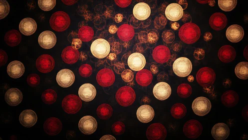 Concentric red and gold bokeh discs form layered abstract field