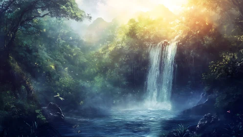 Waterfall in misty forest landscape with golden sunlight.