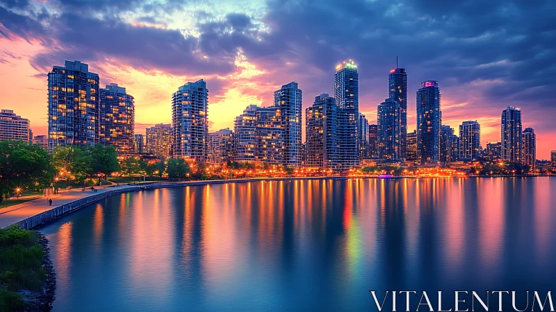 Vibrant waterfront skyline under saturated dusk reflections.
