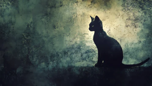 Black Cat Silhouette Against Ethereal Textured Background.