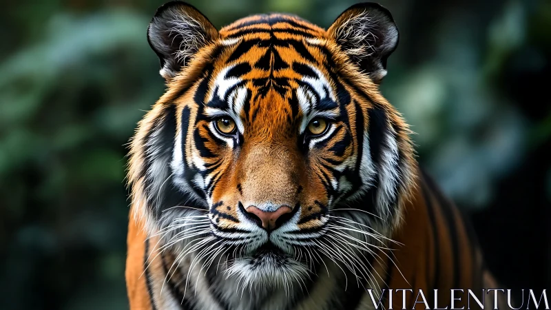 Jungle gaze of a regal tiger in emerald shadowed stillness.