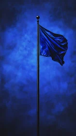 Monochrome blue flag waving on tall flagpole at night.