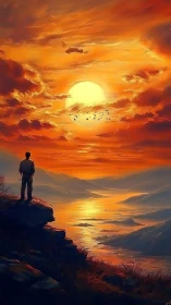 Solitary figure watches blazing sunset over luminous bay