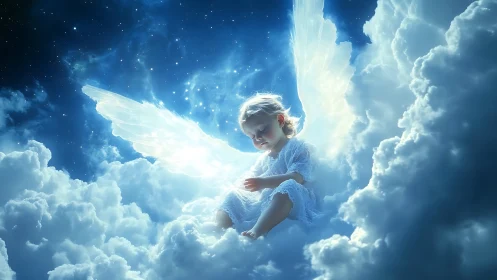 Digital painting of celestial child angel amid luminous clouds.