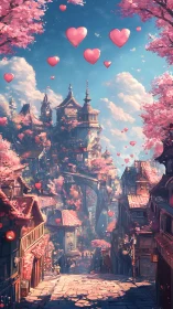 Fantastical castle rendered in warm tonality with floating heart symbols amid blossom clusters.