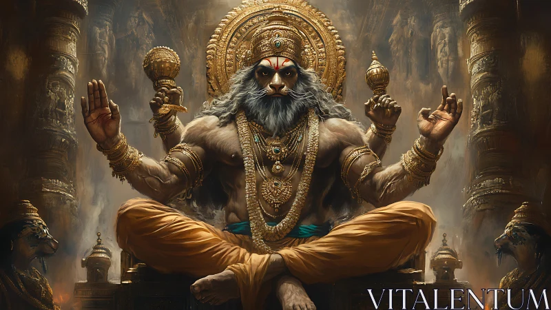 Lion-headed deity enthroned in radiant temple splendor.