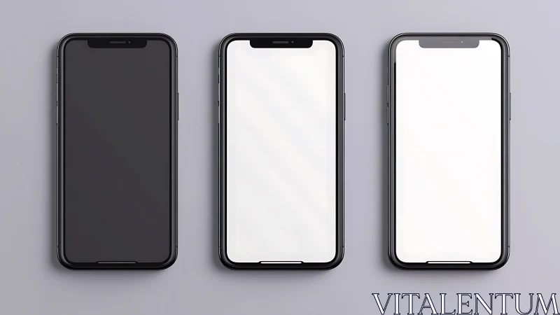 Three Smartphone Mockups. Dark, Light Screens Against Gray.