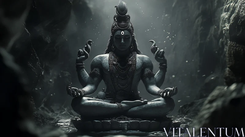 Meditative multi-armed deity statue in shadowed stone cavern.