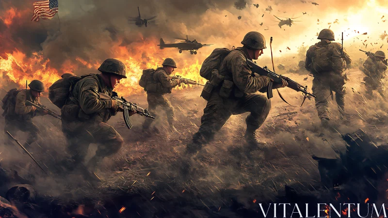 Soldiers advance through blazing battlefield under fire.