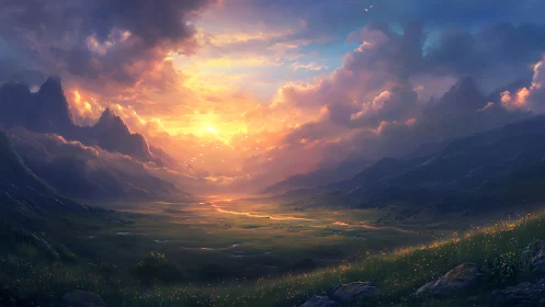Sunset light over wide mountain valley landscape scene.