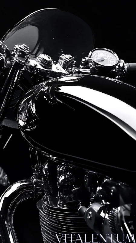 Close-up view of black motorcycle tank, engine and controls.