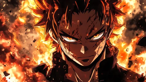 Fire-scarred warrior locks eyes with the storm of his own blaze