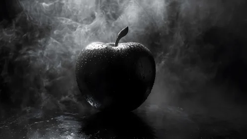 Dark monochrome apple with dewy surface in dramatic smoke.