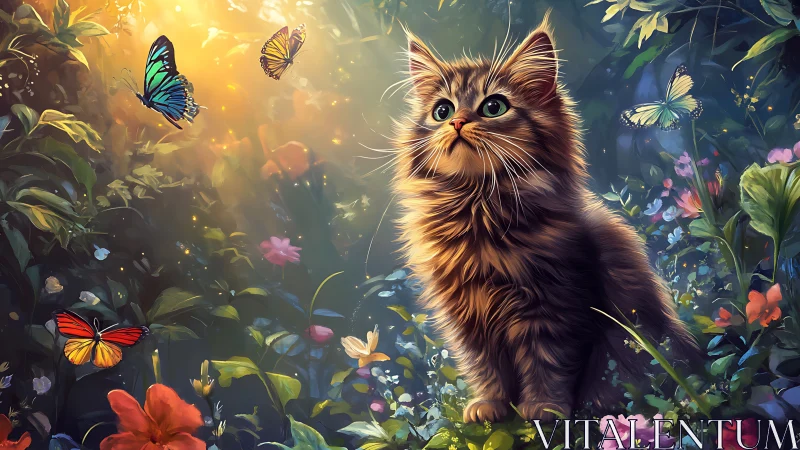 Whisker-Framed Wonder: Kitten Contemplates Butterfly Ballet
