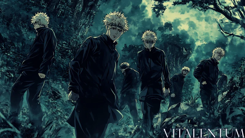 Shadows of the same hero wandering a haunted forest night.