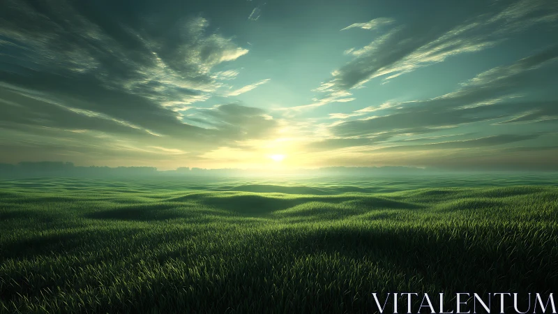 Sunrise over rolling green grassland under wide sky.