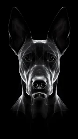 Geometric wireframe dog portrait glows against deep black
