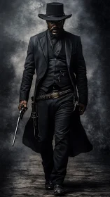 Black-clad gunslinger in long coat walks forward with revolver