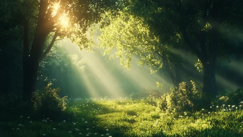 Sunlit forest clearing glows with soft morning light