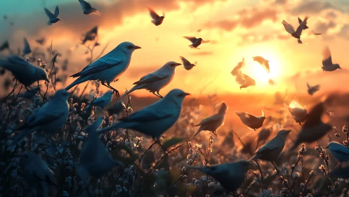 Sunlit flock over wildflower field at glowing sunset.