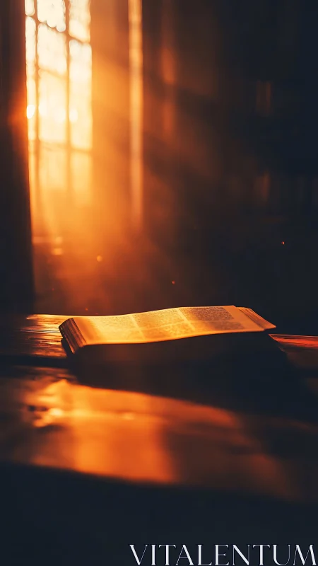 Open book on wooden table in strong orange window light.