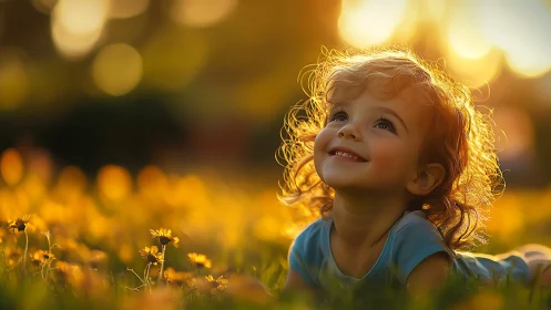 Golden Hour Wonder: Curly-Haired Child in Flower Field.