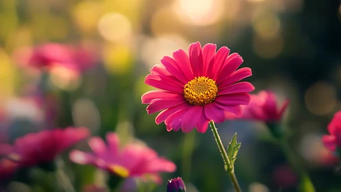 Macro telephoto close-up of vivid pink daisy in sunset bokeh