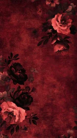 Romantic roses bloom against deep crimson vintage textile background