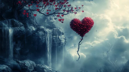 Heart-Shaped Tree Blooms Over Misty Waterfall Landscape