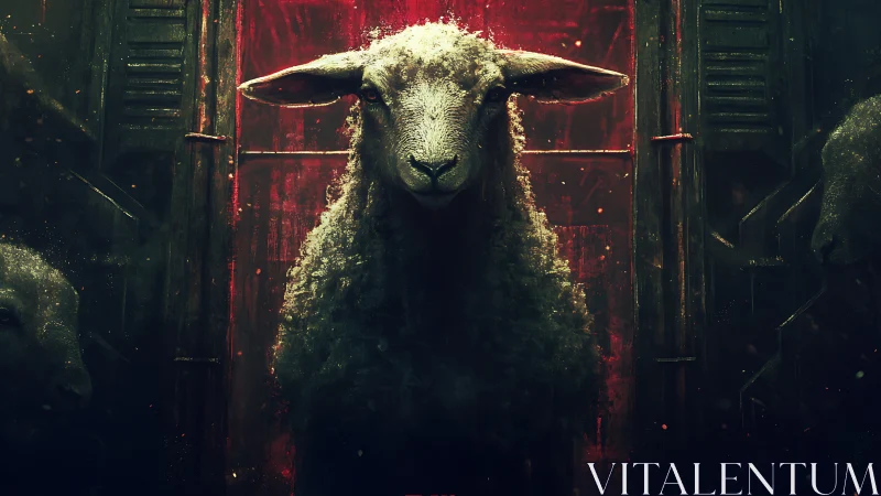 Sheep stands centered in dark corridor lit by red backlight
