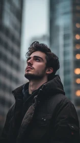 Young man in winter jacket looks upward in urban street
