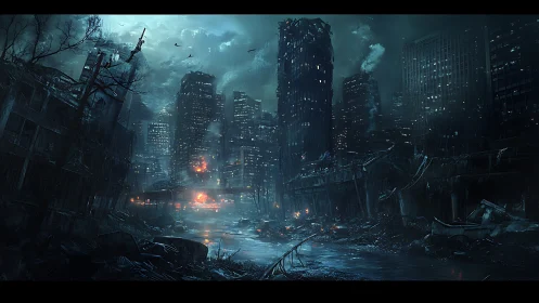 Midnight echoes in a rain-soaked ruined future cityscape.