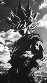 Spiky haired anime fighter stands silhouetted against sky