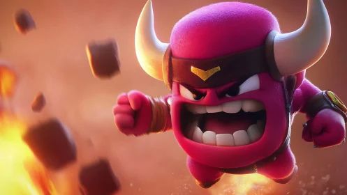 3D render of pink horned cartoon warrior mid-air battle charge