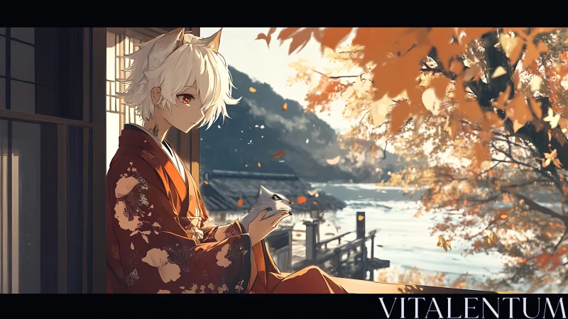 Fox-eared youth in kimono studies river pier under autumn light