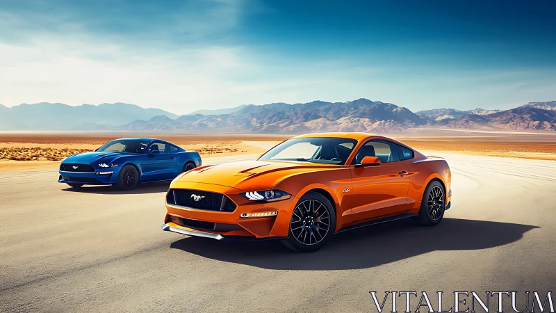 Photorealistic twin sports coupes on sunlit desert speedway.