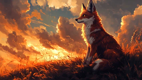 Luminous fox silhouette against blazing painterly sunset sky.