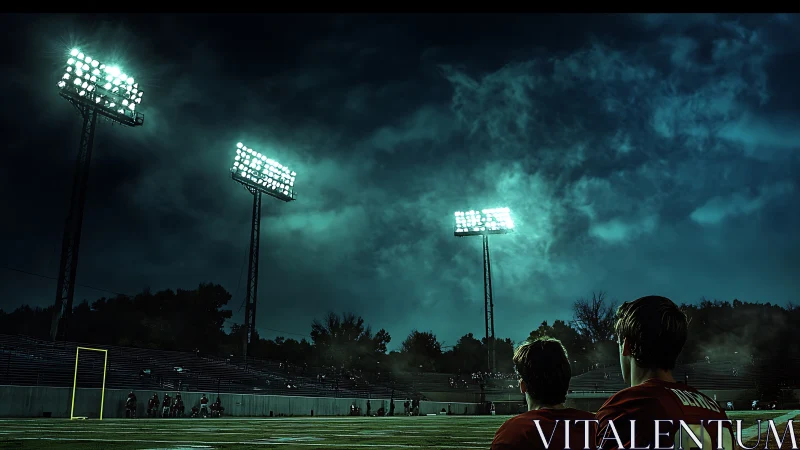 High school football players under bright stadium lights.