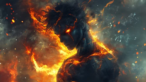 Fiery spirit hero glowing softly in swirling ember light.