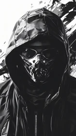 Hooded figure in reflective mask and jacket, monochrome study.