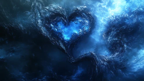 Luminous Blue Heart Carved from Stone and Light.