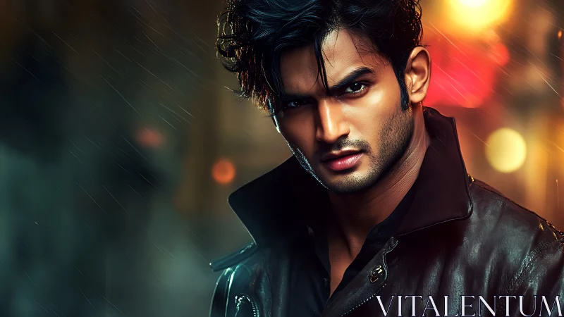 Moody young man walks through glowing city rain at night